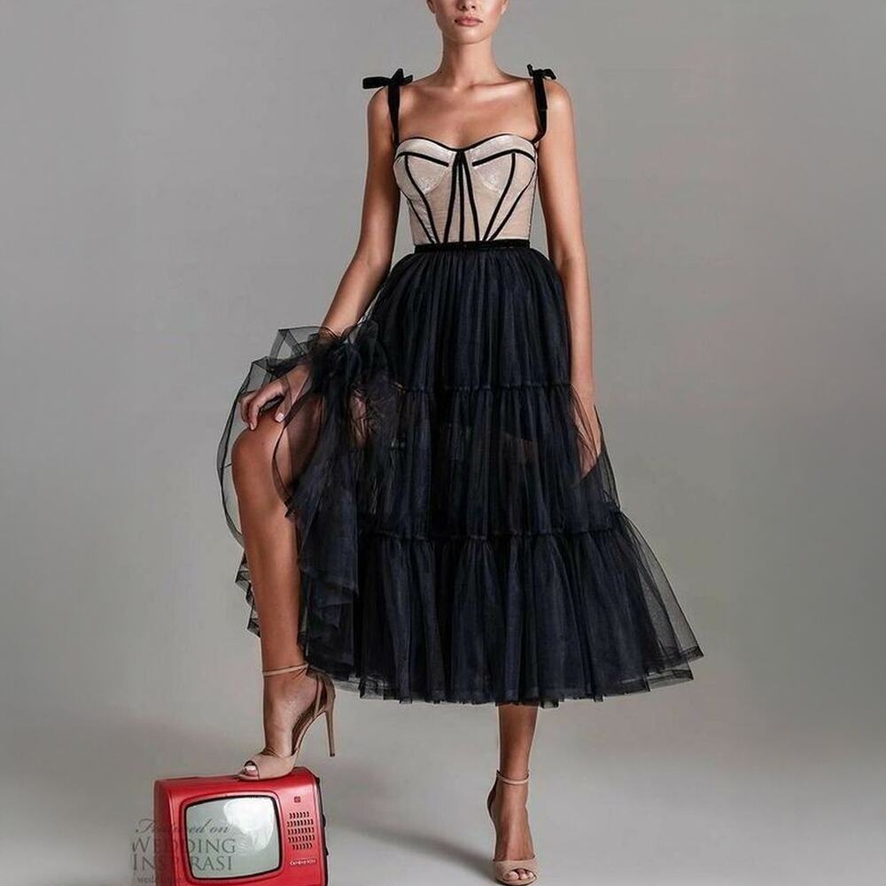 Milla Black Velvet Corset Tulle Midi Princess Dress Size XXS